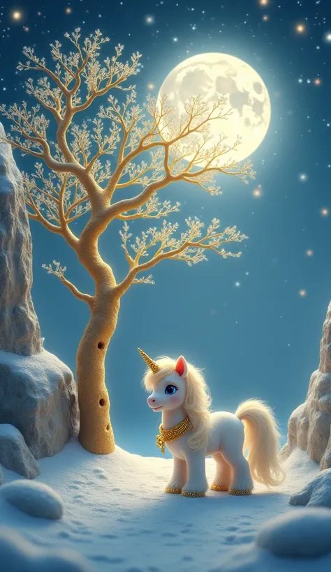  imaginary　night　Shining Pale Moon 　snow　On the Cliff　Gold Tree 　White leaves　 is wearing a gold ornament　cute fluffy pony