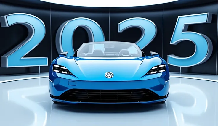 A captivating image of a 2025volswagen cabriolet center stage in a luxurious white showroom. The futuristic, vibrant blue) exterior gleams, showcasing its sleek, aerodynamic design and bold accents. The words  2025 Volkswagen cabriolet are prominently disp...