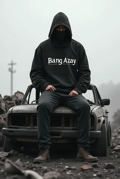 A man wearing a black Hoodie sweater and mask is sitting on top of a WAR DESTROYED car,
THERE IS A BANG AZAY NAME LOGO on a black Hoodie sweater  