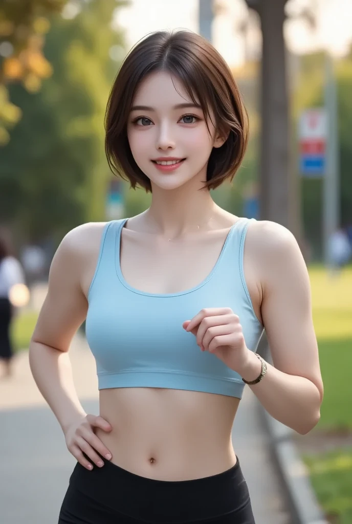 A scene of a girl jogging in the park concentrating on her training.。She is wearing a light blue sports bra and black fitness leggings.、((((Skin color burned by the sun))))Her toned muscles are the focus of attention, highlighting her movements during exer...