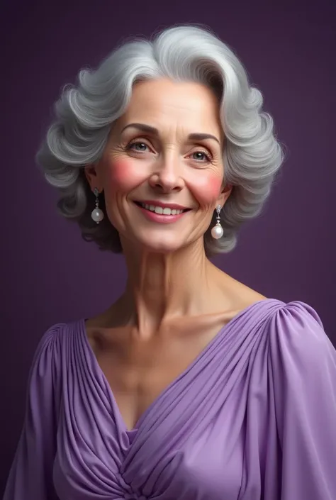 Pretty old woman, curly hair, demure smile, purple background, blush, purple elegant dress