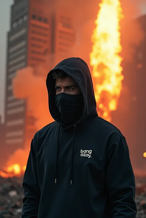 A man wearing a black Hoodie sweater and mask is watching the rocket destroy the building
THERES A BANG AZAY NAME LOGO ON A BLACK HOODIE SWEATER 