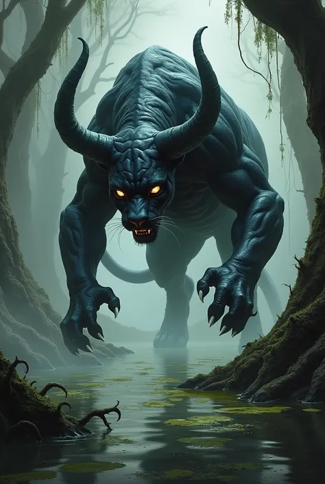 Create Magic the Gathering style: a humanoid half-alien panther with terrifying horns in a swamp 