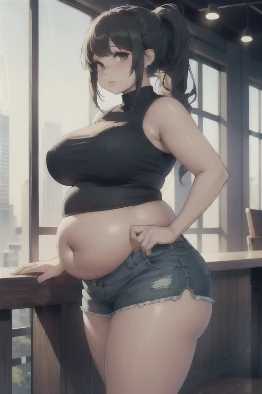 (Best quality), (high resolution), (detailed),1woman, (curvy lady), stuffed belly, long ponytail, thicc girl, gorgerous, shorts, whorey outfit