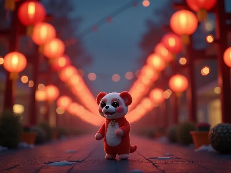 photography set，Miniature Landscape，8K Ultra HD，unmanned，No subject ， plushie photography ，Low-angle scene photos， night view，There are Kong Ming lanterns in the sky，Blurry tree shadows in the foreground ， Blurry urban background in the distance，Promotiona...