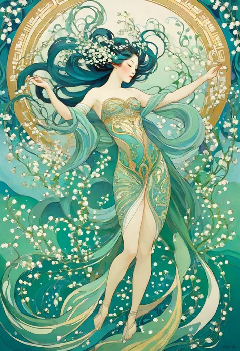  Hallucinatory, Tsuruta Ichiro Style Beauty Painting , Hypnotic Patterns , Abstract, Euphoric,  Fluid Shapes , Art Nouveau Painting ,  jewelry, winter, lily of the valley, passion,  flat illustration .  negative space in the shape of a dancing womans body....