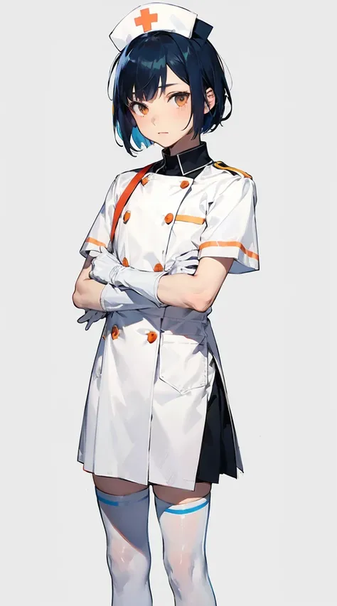 1boy, solo, male focus, otoko_no_ko, nurse, nurse cap, white nurse uniform, white legwear, white gloves, bobcut, blue hair, orange eyes, no impression, standing, white background, simple background, sharp outline, zettai ryouiki, short sleeves, , best qual...