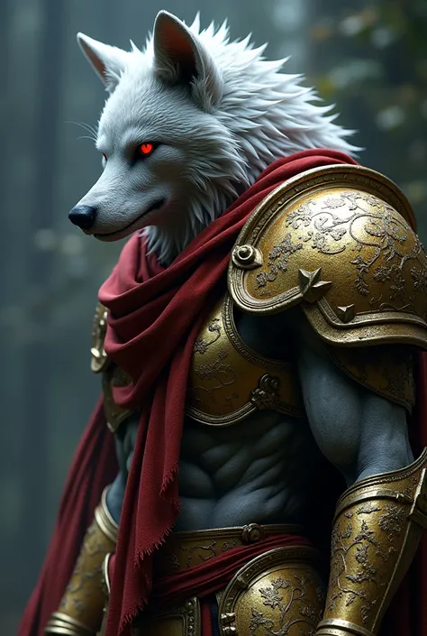 a silhouette of a werewolf in armor wearing a tattered red scarf, red glowing eyes,  gold and white smooth metal armor, armor is stylized from final fantasy 16 multilayered crystalized details like Eikon. 3D, Hyper real