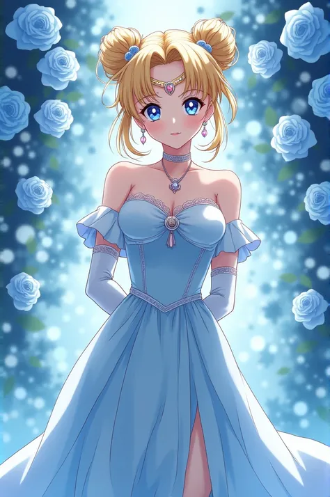 Give me an image of Serena Tsukino, a young adult from the anime Sailor Moon, with blonde hair styled upwards with a tiara, wearing an elegant light blue dress fitted with bare shoulders and long sleeves with short gloves, fine jewelry with her hands on he...