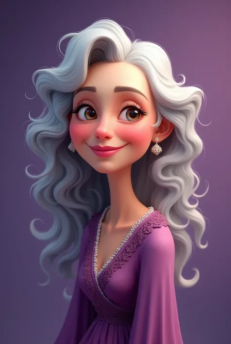 Pretty old woman, cartoon, curly long hair, demure smile, purple background, blush, purple elegant dress