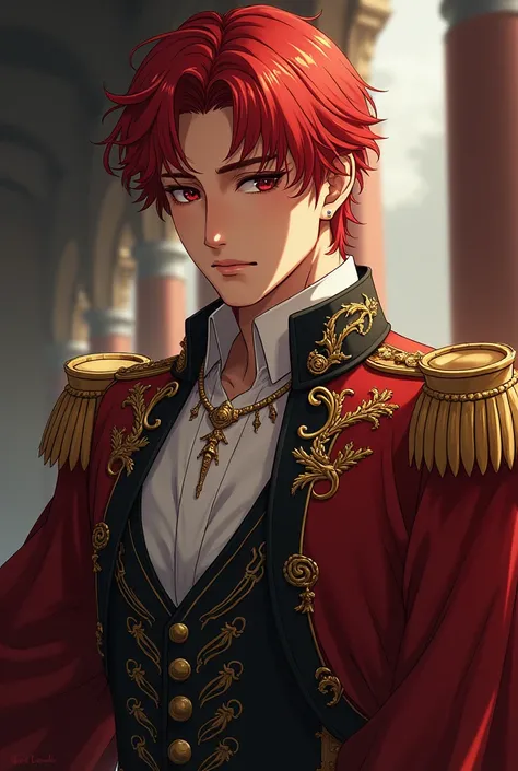 a handsome elegant muscular man with red hair in period royal bodyguard outfit, sad elegant expression, anime style, (best quality,4k,8k,highres,masterpiece:1.2),ultra-detailed,(realistic,photorealistic,photo-realistic:1.37),detailed facial features,detail...