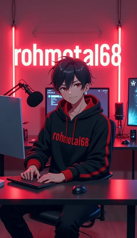 It sounds like youre imagining a dynamic and visually appealing anime-style character in a modern YouTube studio setup! Heres how I would describe this scene based on your vision:


---

In a sleek, modern YouTube studio, an 18-year-old anime-style boy sit...