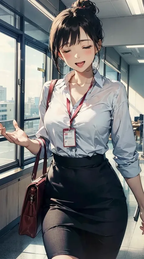 a sexy anime girl carrying a packed bento with her hand, holding a blue purse with the other, 1girl, solo, yuigahama yui, closed eyes, breasts, hair bun, skirt, id card, single hair bun, large breasts, open mouth, shirt, smile, lanyard, blush,best hand ,be...