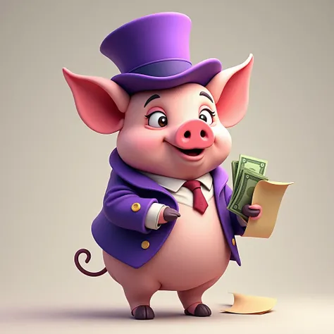 Pig in a hat, written in purple KC, holding paper holding money.