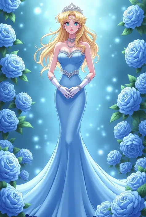 Give me an image of Serena Tsukino, a young adult from the anime Sailor Moon, with blonde hair styled with a curl upwards with a tiara, wearing an elegant light blue dress fitted with bare shoulders and long sleeves, with short gloves and a long mermaid sk...