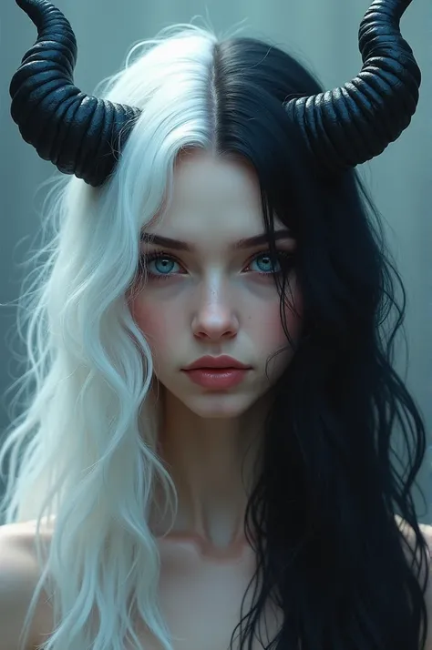 A woman with long hair of two colors, white on the left and black on the right, blue eyes, with horns on her head, black on the left and white on the right.