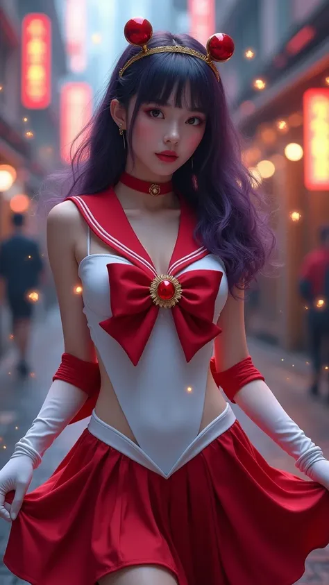 (Qingxu_Fotografía realista de retratos de belleza asiática_V11), (Qingxu_Fotografía realista de retratos de belleza asiática_F.11),Hermosa mujer japonesa cosplay Sailor Mars in a sexy outfit standing in front of a city,(skirt lifted by itself: 1.4 ), (ski...