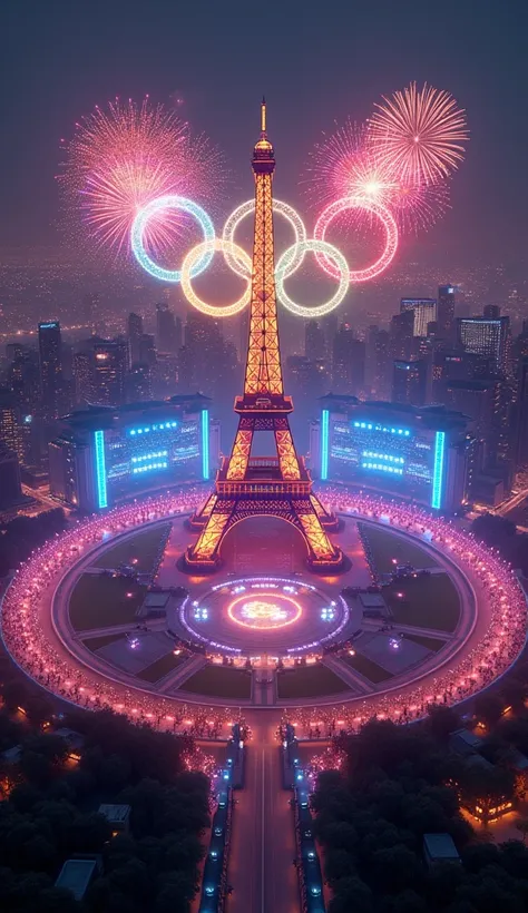 In cinematic 3D style, HD image, realistic image ,colourful image.
Action,It is night time, there is a very big round ground, many colorful lights are burning in it and in the middle there is a yellow colored Eiffel Tower in which many lights are burning, ...