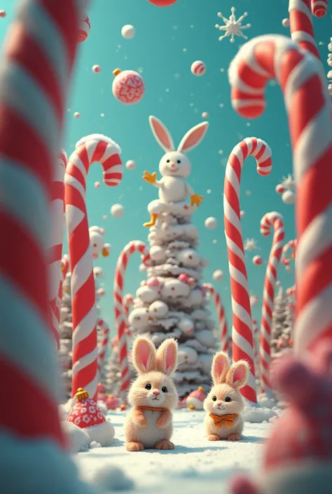 Create a random ,  meaningless and crazy Christmas image , an image that does not contain penguins.  An image that makes you wonder what the hell is this? Add fluffy rabbits to the random image, muy random random random