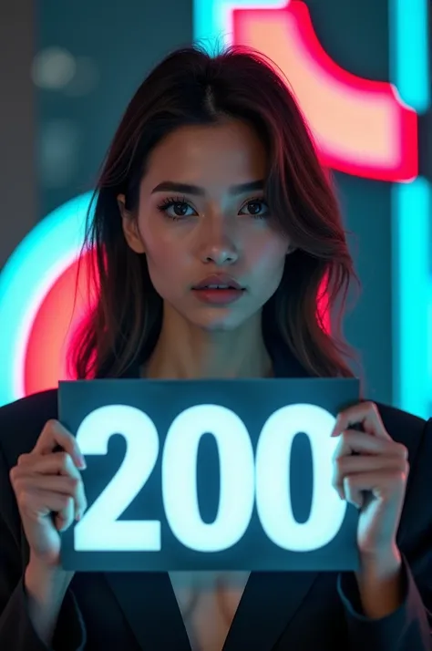 A beautiful woman holding in front of her a sign and inside the sign the number 200 in the background a Tik Tok logo