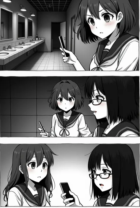 A sequence of black and white manga-style vignettes with precise details. The scene is school-like and features three female students in uniform. The first one has curly hair, the second one has short hair and the third has straight hair with glasses. The ...