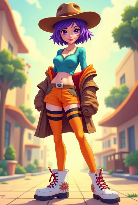 Create a female cartoon character with short purple hair with a brown cowboy hat,  with a short blue blouse with a neckline ,  an orange shorts with orange tights with black stripes , and unicorn shoe  