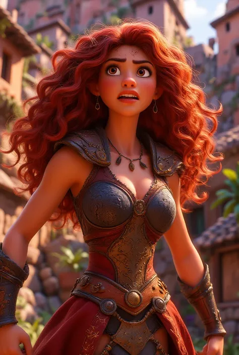 Pixar style mature- redhead, long curly hair, hot warrior medium breasts. 