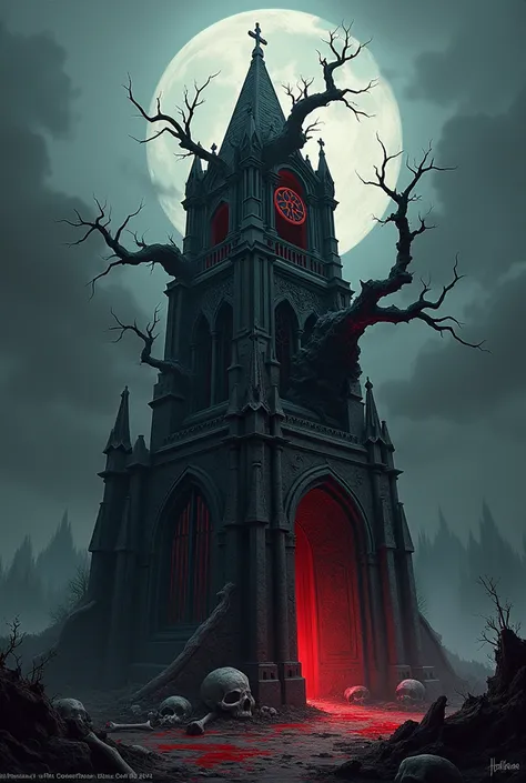 Generate logo using the name Death Metal bell tower with branches, blood, bones and skulls.