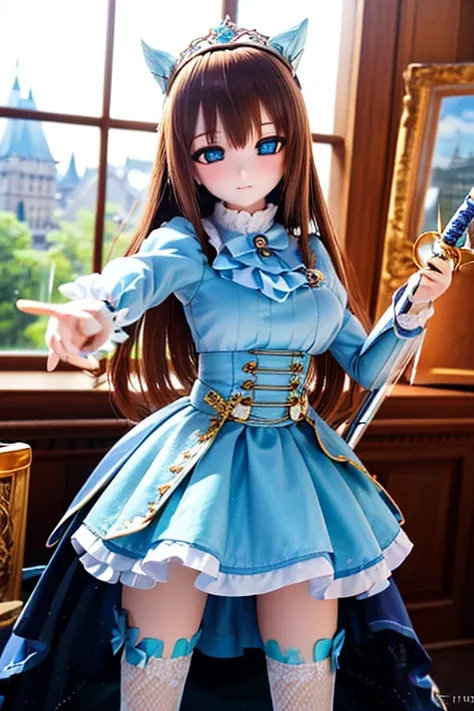 (SFW:2), photorealistic, realistic photo, 8k, Canon EOS, ((highest quality)), ((masterpiece)), (extremely detailed), dd, doll, idol dress, (mature woman, 19yo, 19 years old, solo, castle:1.6), (from front, holding a rapier, tiara, brown hair, long hair, id...