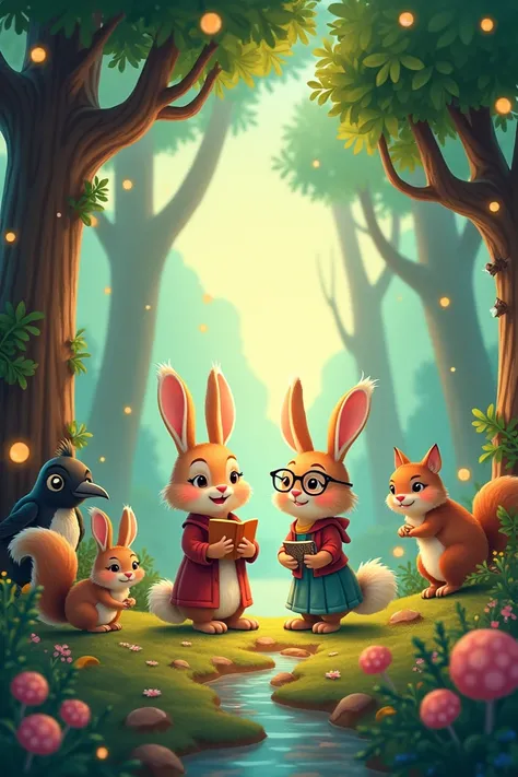  Generate an image of Perfect ,  here I detail each scene even more so that you can use these ideas in your illustrations:

 SCENE 1 :  The Bringing Bunny family

Background :  tall, leafy trees ,  magical colored flowers that emit a faint glow ,  and a cl...