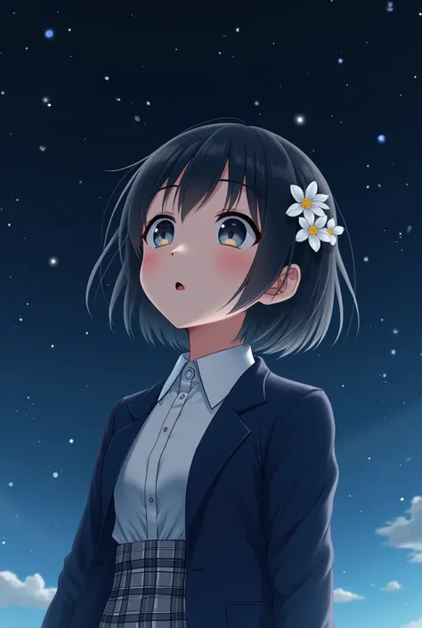 "An ultra-photorealistic close-up of a young Japanese high school girl (JK style) with short black hair, adorned with small white flowers, wearing a modern Japanese school uniform featuring a navy blazer, a white blouse, and a plaid skirt. She is gazing up...