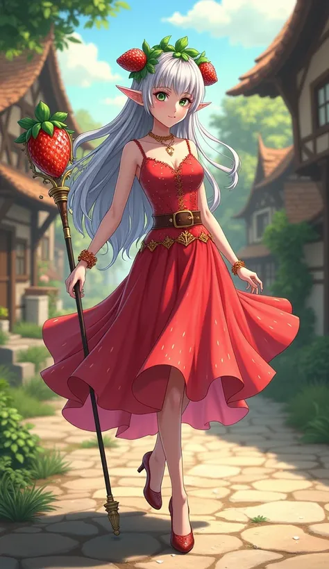 A hyper-realistic fusion of Frieren from the anime Sousou no Frieren and a strawberry. Frieren’s ethereal, elf-like appearance is enhanced with vibrant red and pink hues resembling the skin of a strawberry, with small golden seed-like patterns subtly embed...