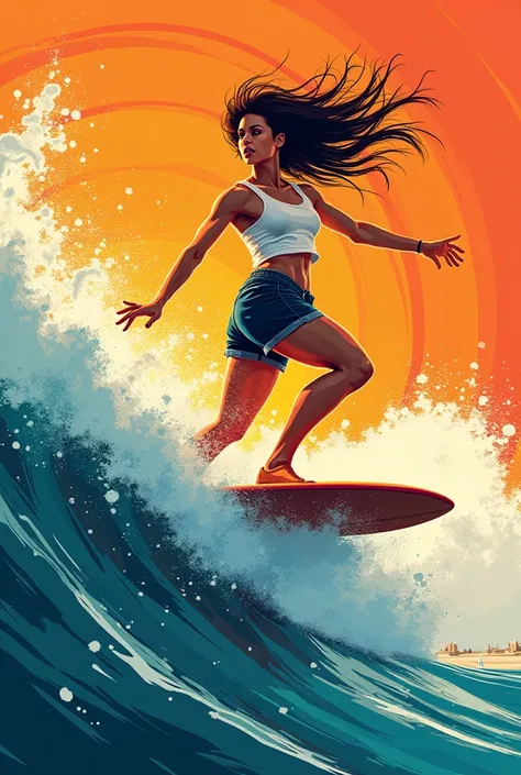 A pop art style illustration of a female surfer, symbolizing freedom and challenge, with dynamic waves and bright, bold colors. She is depicted in a confident, energetic pose on a surfboard, capturing the essence of surfing as a symbol of both freedom and ...