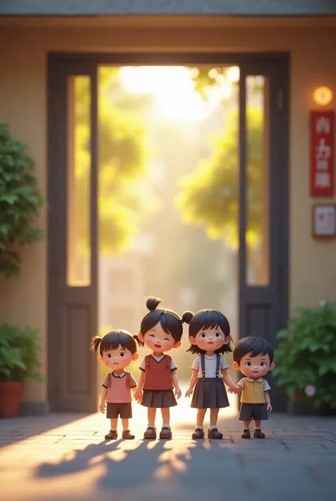  Children in a kindergarten in Shanghai wait for their mother to pick them up after school.. background is a bokeh effect of the school entrance . Beautiful HD photo , Comfortable and beautiful ,  calm mood , .( top quality,4K,【8k, High Resolution ,masterp...