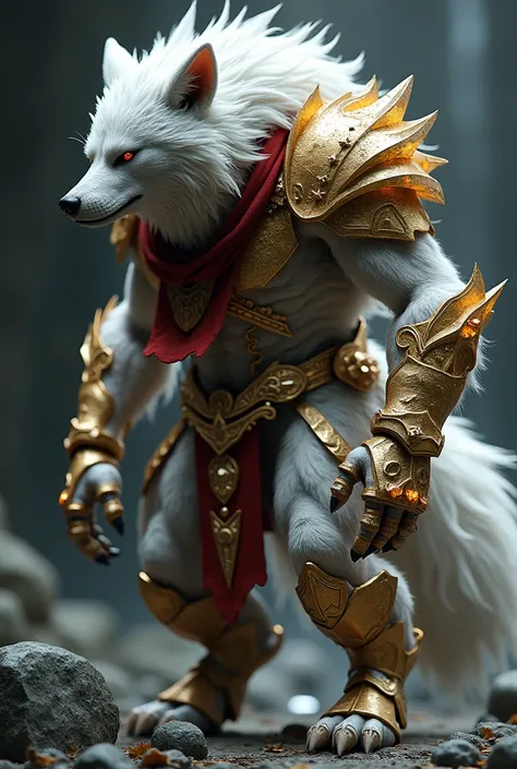 a silhouette of a white hairy werewolf in armor wearing a tattered red scarf, partially turned, red glowing eyes, damaged gold and white metal armor, armor is stylized from final fantasy 16 multilayered crystalized details like Eikon. 3D, Hyper real