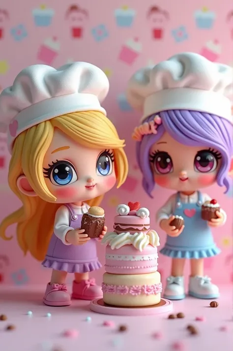  Create a series of cute chibi-style themed dolls around cute cake chefs,  Each one has a lot of detail and 8K resolution .  All dolls should follow the same pattern of cake wallpaper ， And finish the image ,  Pubic area showing  (entire lesbian, including...