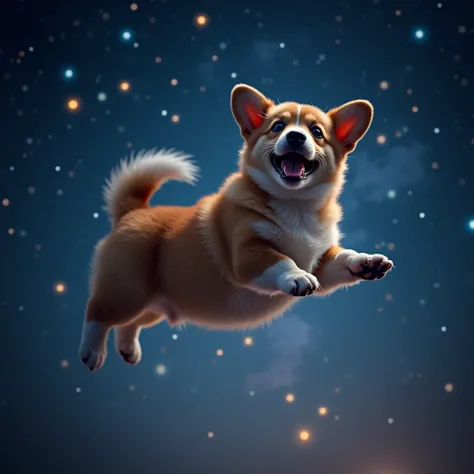 (null飛ぶ太った子犬のコーギー), null, 星nullの至点,  colorful sparkles of distant celestial bodies , lighting up the night null with a gentle hint of warmth and longing for the beauty that exists far beyond our reach, whole body,  Award winning ,  movie stills , Emotional...