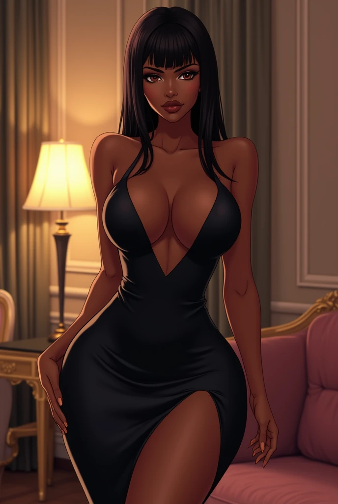 A black woman from anime . Brown black skin .  Long straight hair with bangs on the forehead. big round firm breasts . Chic and sexy long dress ,  with a bold neckline highlighting her breasts .  The atmosphere takes place in a suite in Barcelona. image 10...