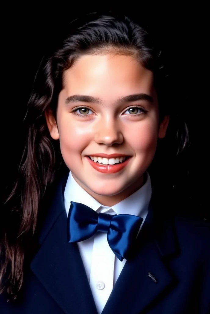 (very realistic photography),(masterpiece, best quality:1.3), 1girl, (alone), front view, her beautiful face,
((young Jennifer Connelly)),(at age 15),
she wear in tidy dark blue high school blazer uniform and immaculate shirt with blilliant blue bow tie.,
...