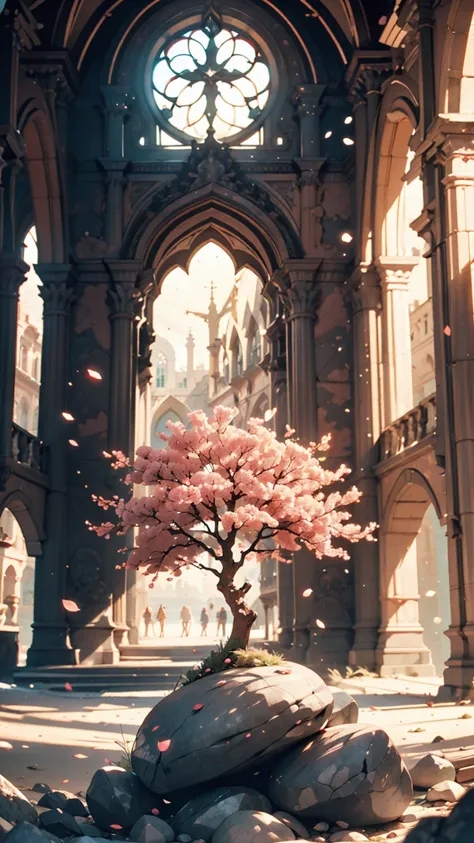  amazing pink tree on a beach rock, Realistic light depiction style , aisle,   Art Inspired by Faith , ruins, A scene full of light, Immersive Environments, Floral and natural motifs --ar 14:25  