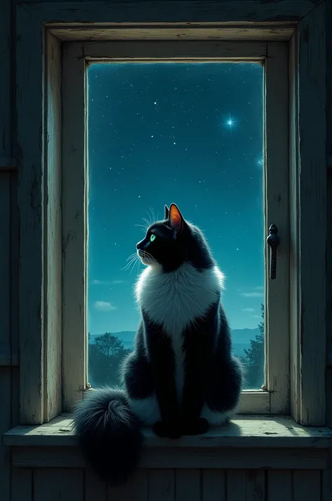 A luxurious black-and-white cat, with soft Angora-like fur and the sturdy build of a local breed, sitting elegantly on the windowsill of a small rustic house. Its emerald green eyes gleam as it gazes at the starry night sky.