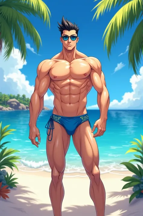 Make me an image of a handsome young adult man with short black hair and blue eyes in a blue mens bikini showing off his strong body with black sunglasses over his full body eyes on the anime-style beach 