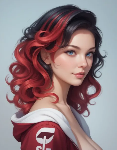 a beautiful girl with blue red top to bottom color fade, cartoon art illustration style, side view of a red streaked black haired female face with long curly haircut, detailed face, blue and pink color tones, masterpiece, photorealistic, 8k, ultra-detailed...