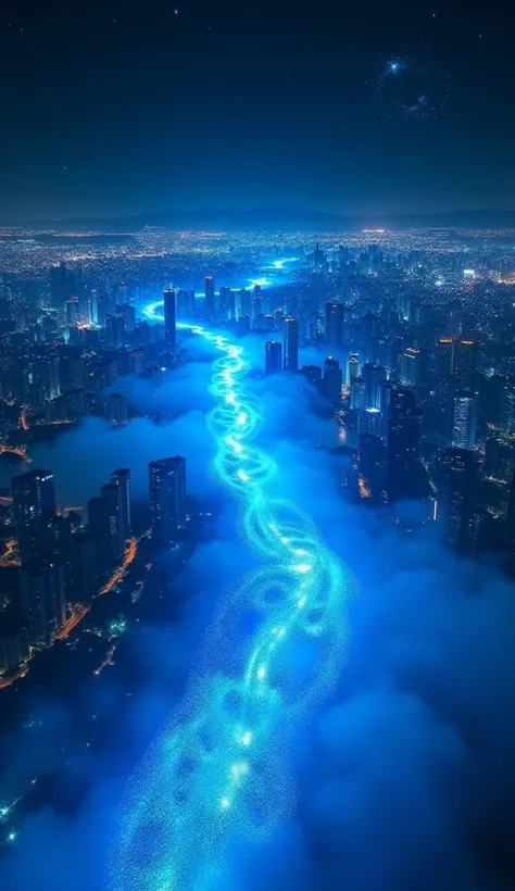 A breathtaking panoramic aerial view of São Paulo at night, seen from space. The citys streets and avenues form glowing rivers of vibrant blue mist, illuminated with extremely bright, shimmering blue particles of blue energy. The fog spreads throughout the...