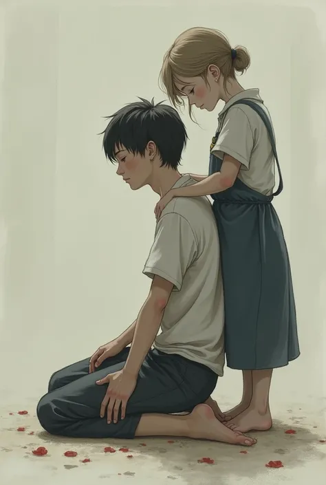 A young man sleeps squatting almost at the feet of a girl