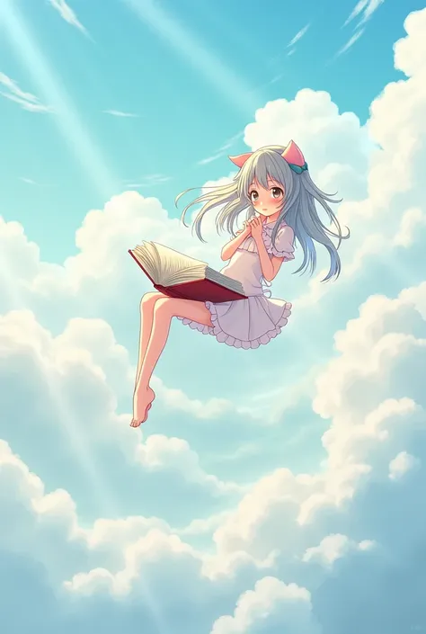 Anime girl reading as she falls down from the sky 
