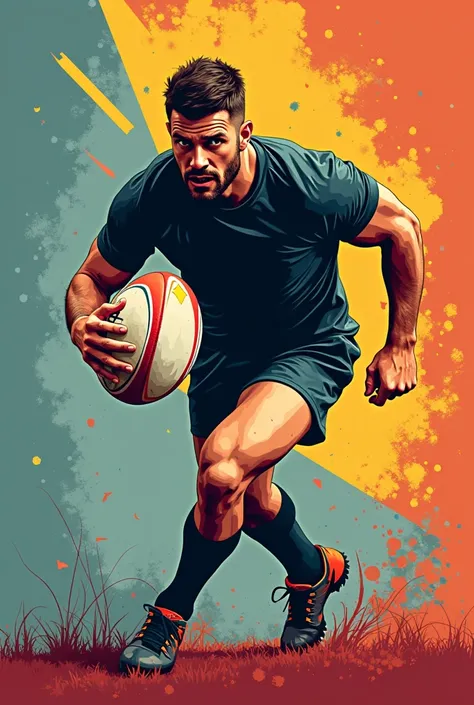 A pop art style illustration of a male rugby player, showcasing confidence as the result of hard work. He is depicted in a powerful stance, with bold lines and bright colors. The illustration conveys the dedication and strength required in rugby, with the ...