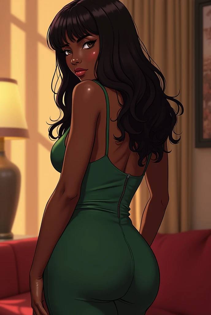 A black woman from anime . Brown black skin .  Long straight hair with bangs on the forehead. big round firm breasts . Chic and sexy long green dress ,  with a bold neckline highlighting her breasts .  The atmosphere takes place in a suite in Barcelona. im...