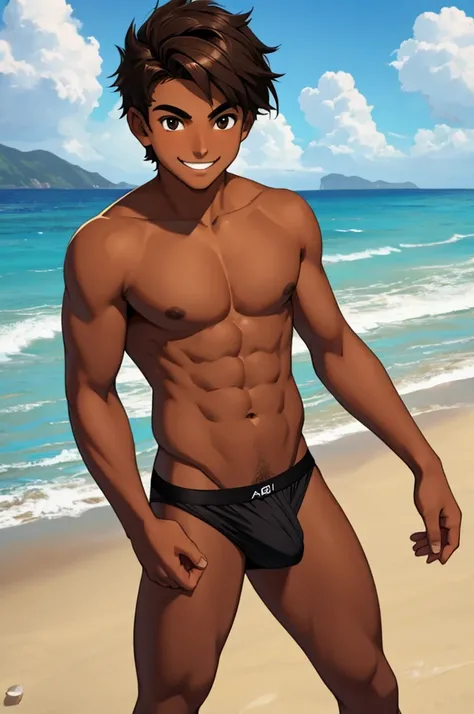 a 19 year old teenager, dark brown hair, black eyes, tanned skin, wearing only black underwear, with a mischievous smile. On the beach