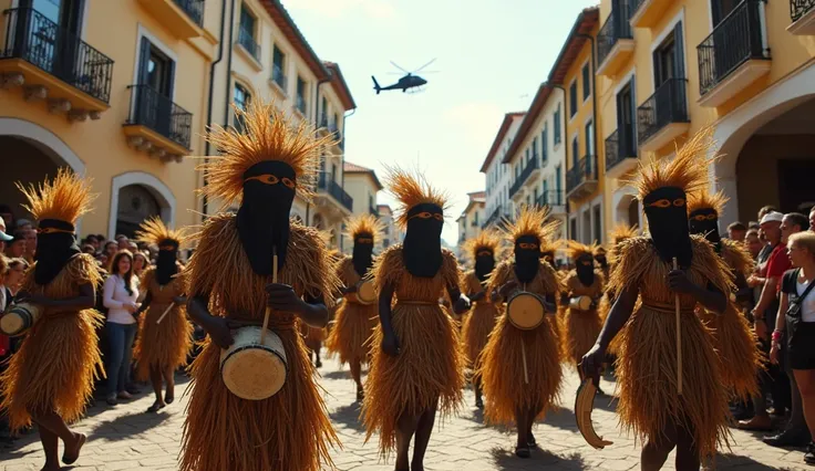 photorealistic of asturias carnival with ancestral music instruments, drums and masquerades, the costumes are made of straw and wood from forest trees.
The crowd walks in the middle of a street of classical asturias rural style
mixed spanish people with ni...